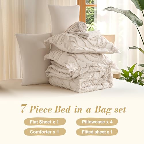Khaki Tufted Rose Comforter Set Queen - Boho Rustic All-Season Bedding