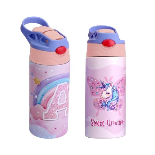 DOPHCOZFFY Kids Insulated Water Bottle, 12.6 oz Stainless Steel Water Bottle, Double Wall Toddler Water Bottle, Water Bottles for Kids BPA-Free for School Boys Girls (2PCS-pinkA+unicorn)