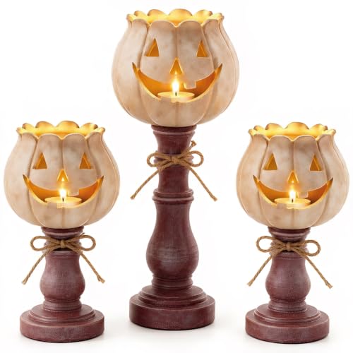 3PCS Pumpkin Tealight Candle Holder Set for Fall & Halloween Decor