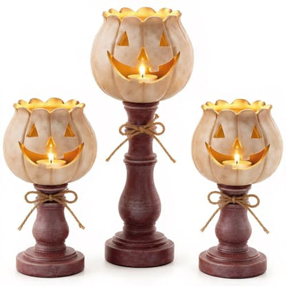 3PCS Pumpkin Tealight Candle Holder Set for Fall & Halloween Decor