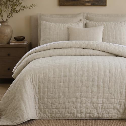 King Linen Quilt Natural French Flax Signature Linen Tack Quilted Bedspread