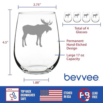 Moose Silhouette Stemless Wine Glass Set of 4 - 17 oz Cabin Gifts