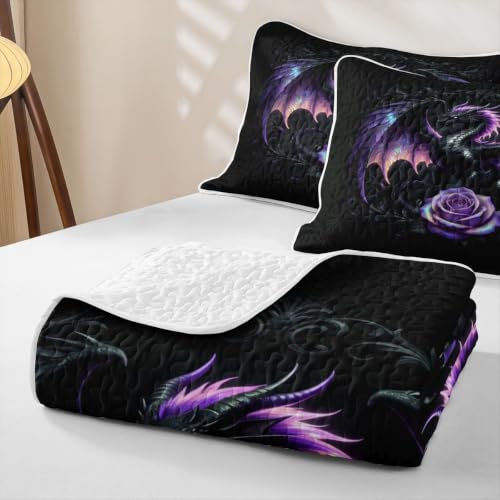 Manfei Purple Feather Dragon Quilt Set Queen Size Dark Purple Bedding with Pillow Shams