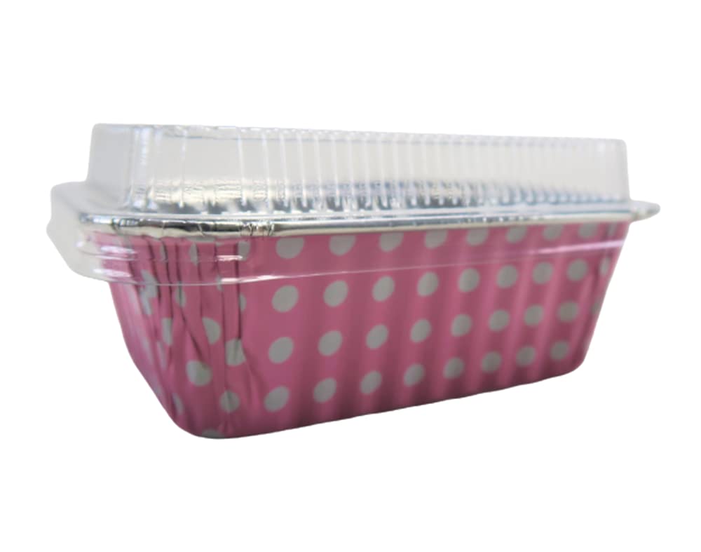 KitchenDance Disposable Aluminum Colored Polka Dot Mini Loaf Pan with Lid - 6 Ounces Rectangular Non-Stick Baking Pan Perfect for Food Gifts, Home Bakers, and Restaurants - Pack of 100, #4004 (Pink)