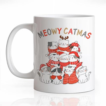 Christmas Cat Lover Mug - Ceramic Coffee Cup with Red & Black Variation