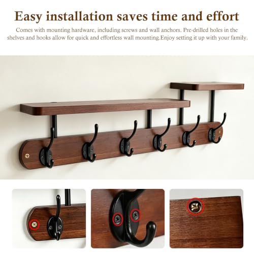 Dark Wood Wall Mount Coat Rack with 2-Tier Shelves and 6 Dual Hooks