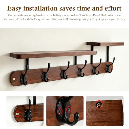 Dark Wood Wall Mount Coat Rack with 2-Tier Shelves and 6 Dual Hooks