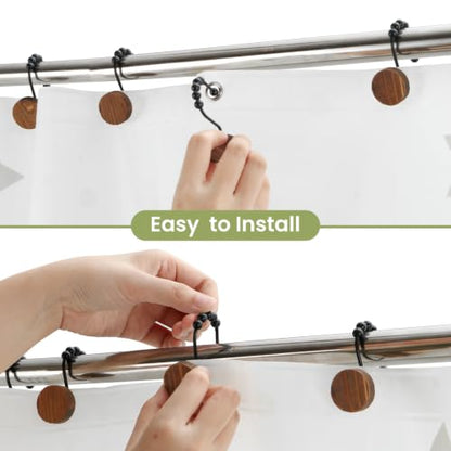 Wood Shower Curtain Hooks - Natural Beads Bathroom Rings - Brown 12 Pack