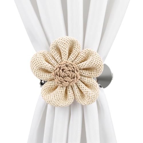 Natural Linen Curtain Tiebacks with Flower Accent - 2 Pack