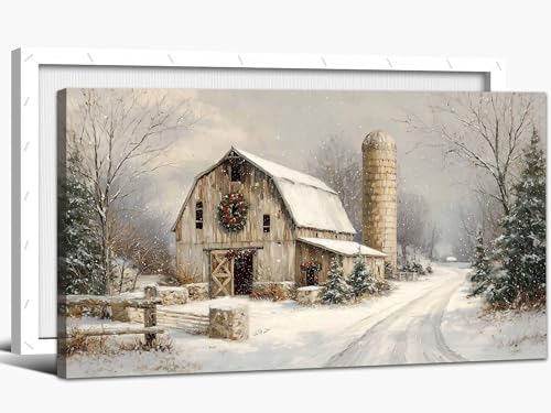 KVTM Winter Wall Art Canvas - Rustic Barn Snowy Landscape 12x24 Inches - Serene Farmhouse Decor