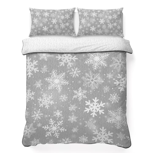 Silver Snowflakes Christmas Quilt Set Twin XL Bedding - Winter Holiday Lightweight Comforter with Pillowcases