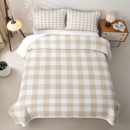 Khaki White Plaid Quilt Set Queen Size with Pillowcases - All Season Bed Coverlet