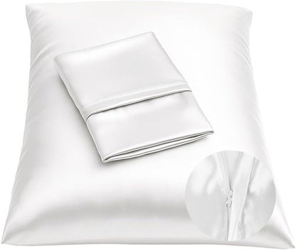 BLISSFORD Satin Pillowcase Set - Soft & Cool Zippered Design for Hair & Skin Care | White, Standard Size - 2 Pack
