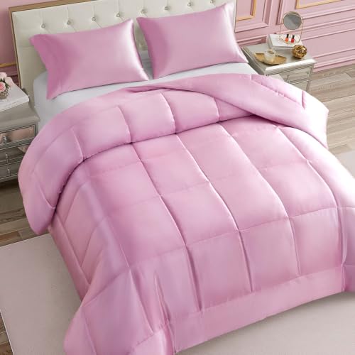 Full/Queen Satin Comforter - Pink Down Alternative Luxury Bedding