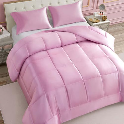 Full/Queen Satin Comforter - Pink Down Alternative Luxury Bedding