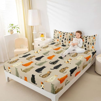 Manfei Cat Fitted Sheet Twin Size Orange Black Kitten Bedding Set 2Pcs - Deep Pocket