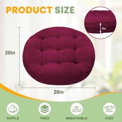 Large 20 Inch Round Floor Pillow Set of 2 - Wine Red Tufted Corduroy Meditation Cushions for Floor Seating and Relaxation