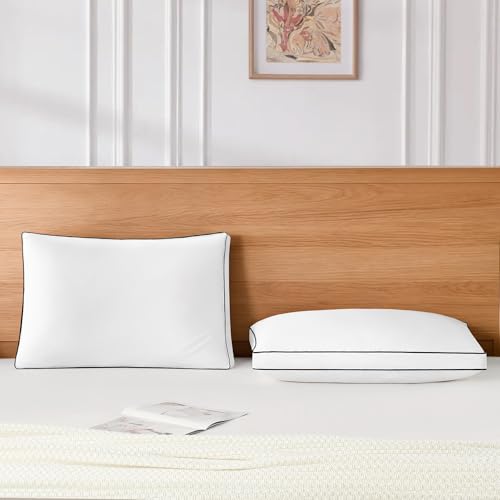 Queen Size Goose Feather Down Pillows Set of 2 with Gusset - Luxury Hotel Collection 20x30 Inches