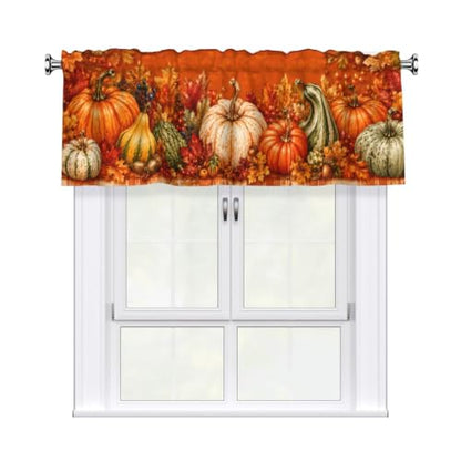 Fall Pumpkin Valance Curtain - 54W x 18L Short Window Treatment with Rod Pocket - Holiday Home Decor