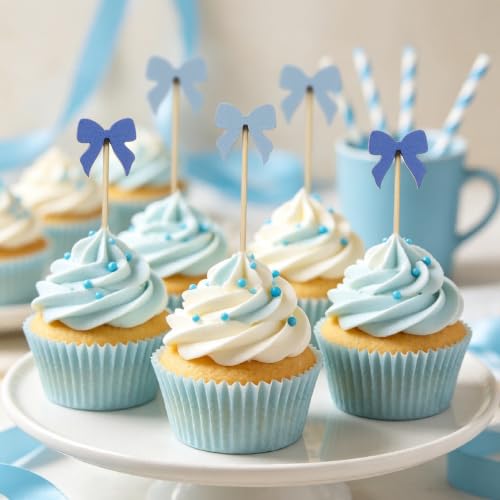 Blue Bow Bamboo Cocktail Picks 4.7 Inch - Party Food Skewers for Boy Baby Shower MD01