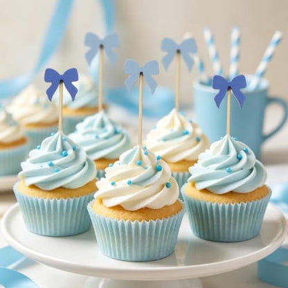 Blue Bow Bamboo Cocktail Picks 4.7 Inch - Party Food Skewers for Boy Baby Shower MD01