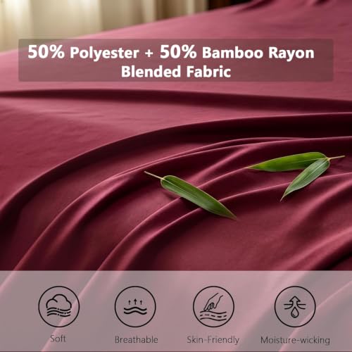 Dark Red Burgundy Twin Bed Sheets Set Rayon Derived from Bamboo 4 Piece