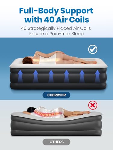 Queen Air Mattress with Built-In Pump and Black Cover - 40 Air Coils, Raised 18"
