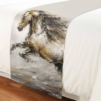 Queen Size Galloping Horse Bed Runner - Rustic Brown Satin Decorative Foot Throw with Variation Charcoal