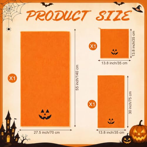 Halloween Towels Set - 3 Pcs Embroidered Pumpkin Face Orange Bathroom Decor