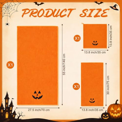 Halloween Towels Set - 3 Pcs Embroidered Pumpkin Face Orange Bathroom Decor