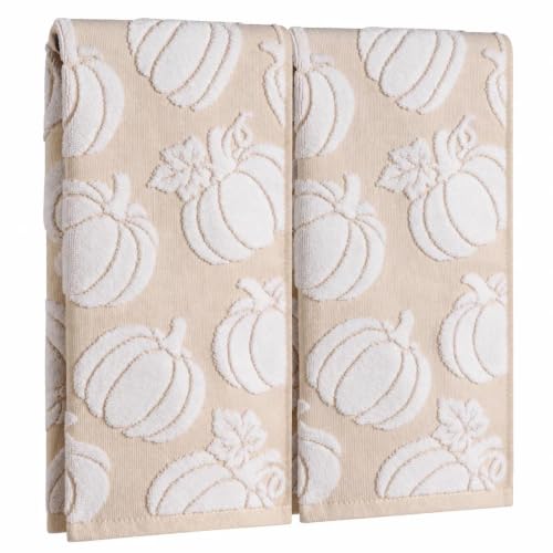 Pumpkin Fall Hand Towels 2 Pack Khaki White 100% Cotton Bathroom Decor