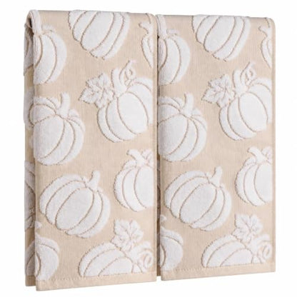 Pumpkin Fall Hand Towels 2 Pack Khaki White 100% Cotton Bathroom Decor