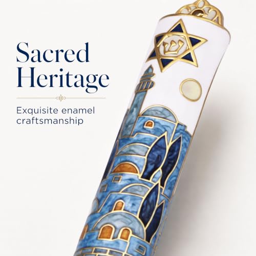 Enamel Mezuzah with Scroll for Door Jerusalem Skyline Relief Design