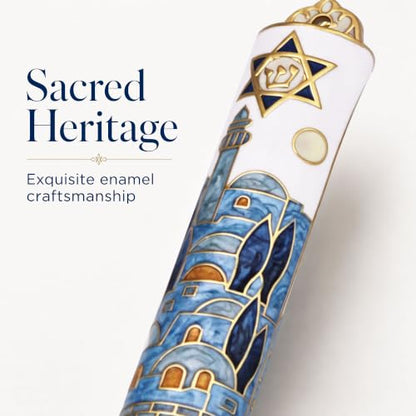Metal Enamel Mezuzah with Scroll Set for Doorway - Jerusalem-Inspired Design