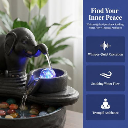 Ceramic Elephant Water Fountain with LED Light and Crystal Accents - Small Indoor Decor