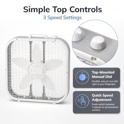 20 Inch Box Fan with 3 Speed Settings, Weather-Resistant Motor for Floor or Window Use