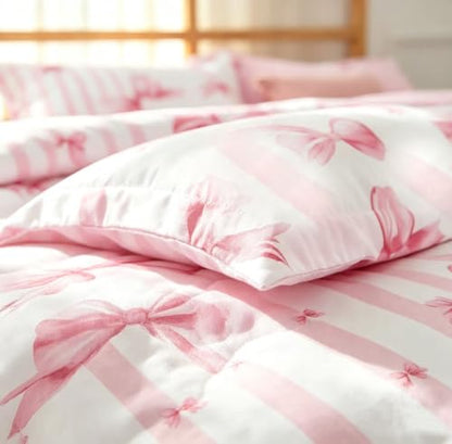 Pink Duvet Cover Set for Girls Teens Bow Initial Queen Size - Soft & Durable Bedding