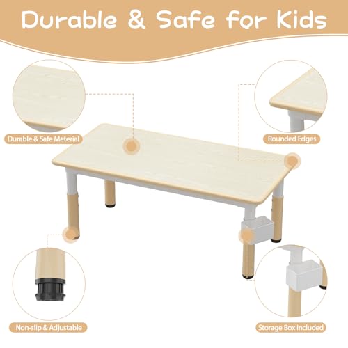 IDEALHOUSE Kids Activity Table with 6 Chairs Set - Natural Finish, Height Adjustable, Safe & Easy to Clean