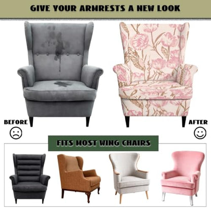 Pink Floral Stretch Wingback Chair Cover Set of 2 - Slipcovers for Living Room
