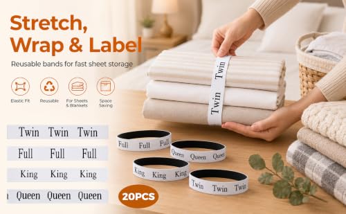 20 Pack Bed Sheet Organizer Bands with Size Labels for Linen Closet Storage