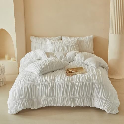 King White Stripes Duvet Cover Set with Tufted Ruching - 104x90 Inches