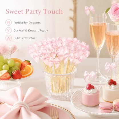 Pink Bow Cocktail Picks Set of 200 for Appetizers & Desserts