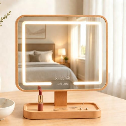 Solid Wood Vanity Mirror with Lights and Storage Tray - Rechargeable