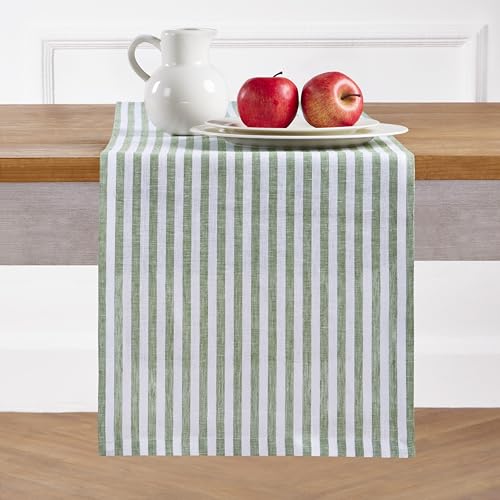 Solino Home 100% Linen Table Runner 14 x 120 Inch Green & White Stripe