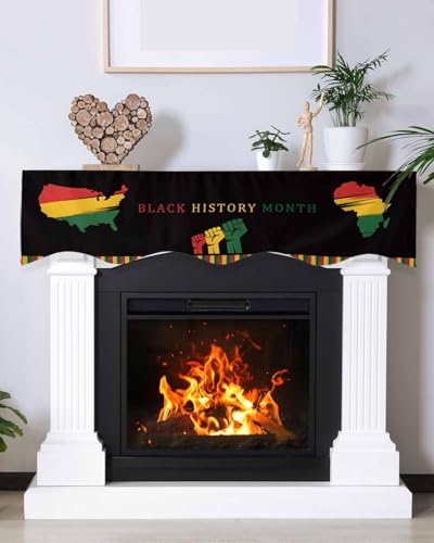 Black History Month Fireplace Mantel Scarf Cover with Variation - Black, Grass, Green, Deep Red, 70 Inch