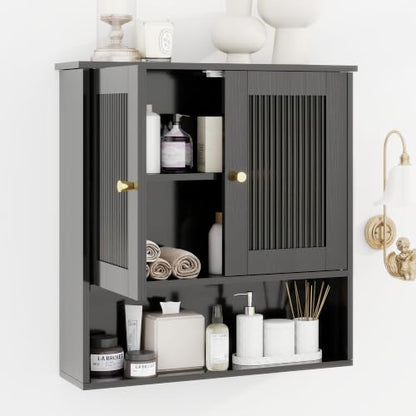 Bathroom Wall Cabinet Over Toilet - Black Fluted Medicine Cabinet with Adjustable Shelves