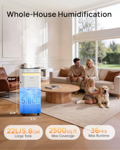 YOKEKON Large Room Humidifier 5.8Gal/22L with Cool Mist & Flame Light - White