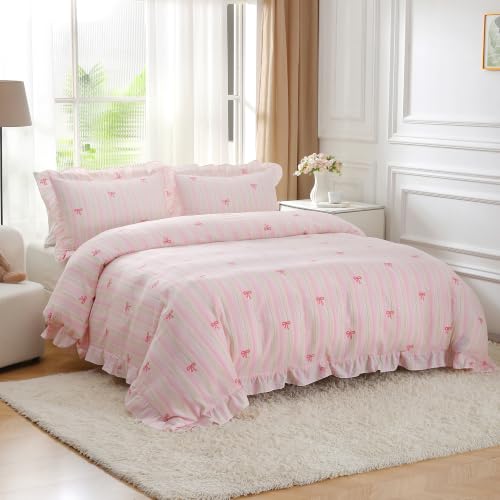 Pink Striped Bow Queen Duvet Cover Set with Ruffles - Romantic Bedding