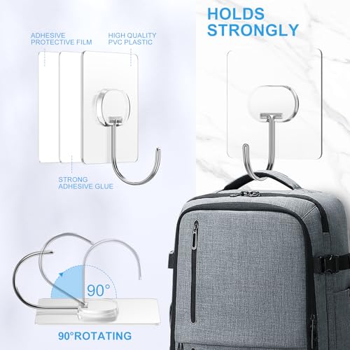 Clear Large Adhesive Wall Hooks 24 Pack - Heavy Duty Waterproof Towel & Coat Hangers