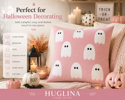 Halloween Throw Pillow 18x18 Pink Velvet Ghost Embroidery Decorative Cushion